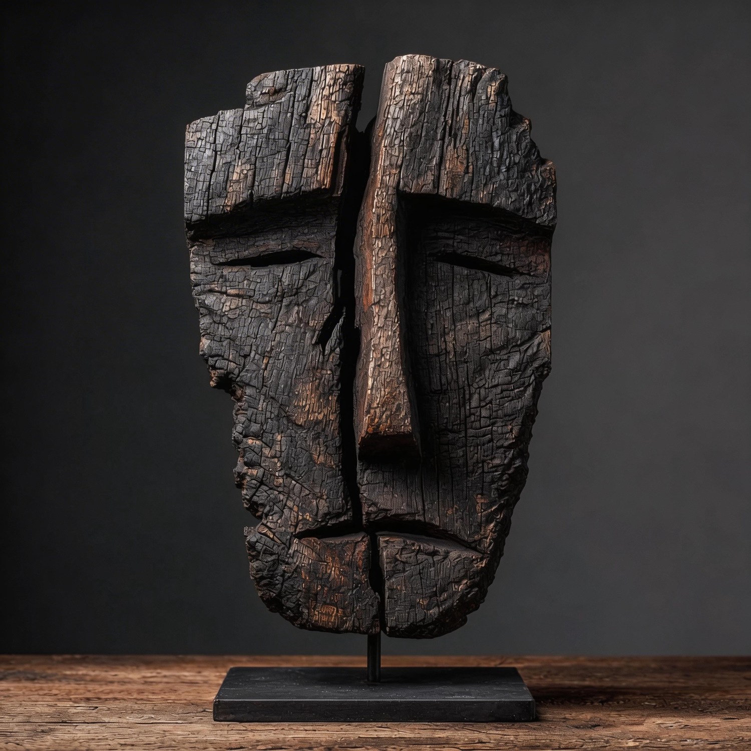 Fractured Charcoal Ancestral Mask l Wood Sculpture