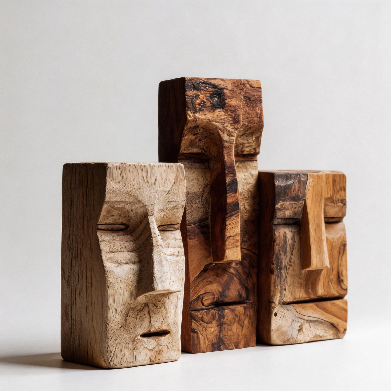 Triptych Cubist Wooden Faces Sculpture  Wood Sculpture