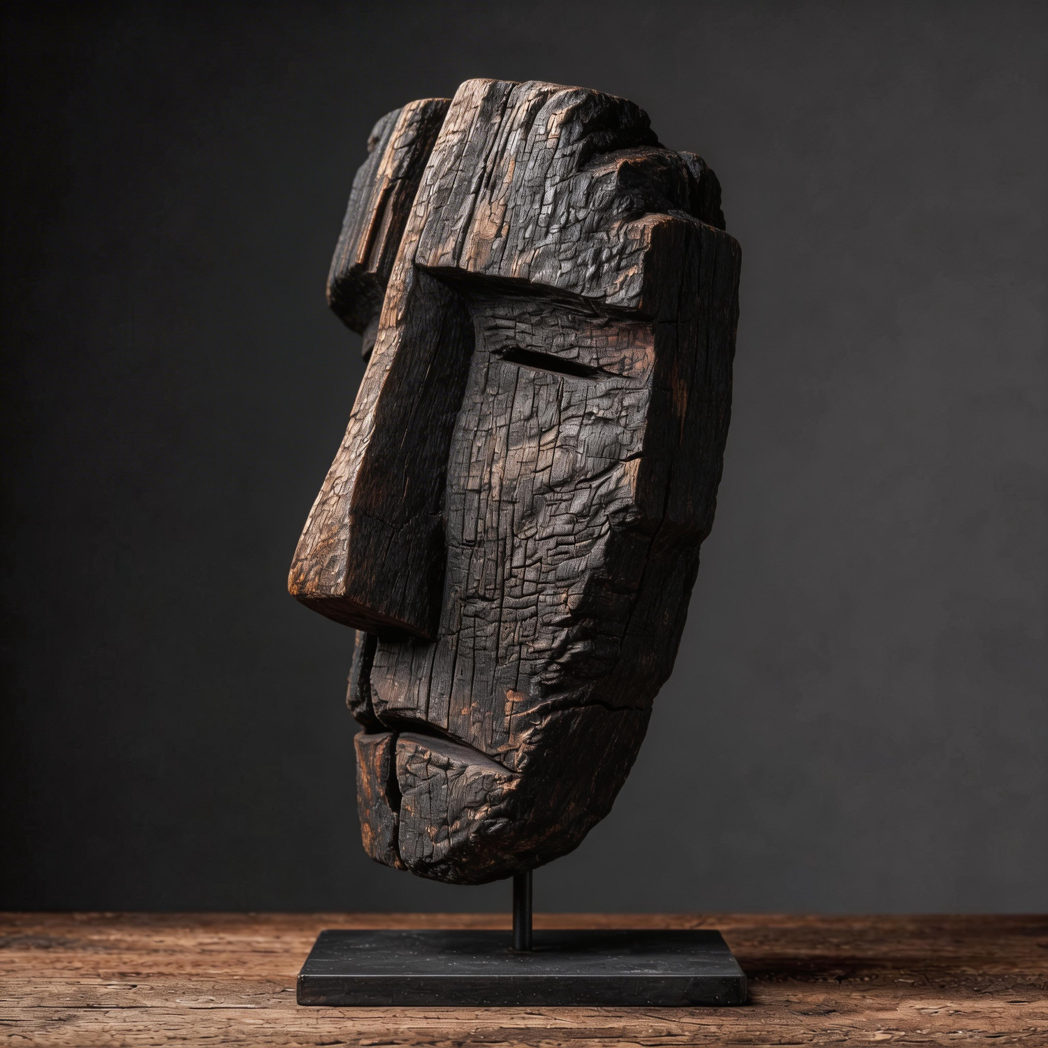 Fractured Charcoal Ancestral Mask l Wood Sculpture