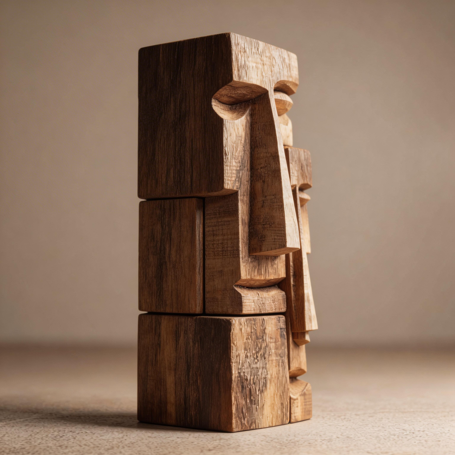 Stacked Primitive Faces l Wood Sculpture