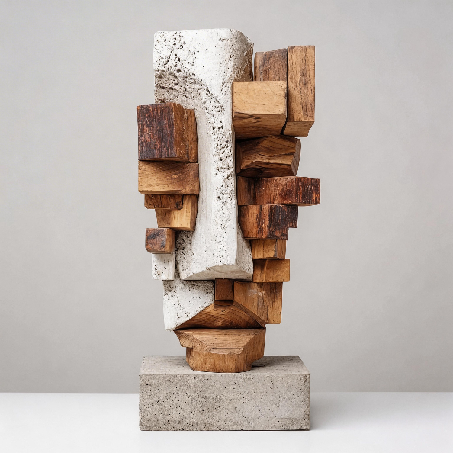 Fragmented Cubist Stone-Wood Fusion l Wood Sculpture