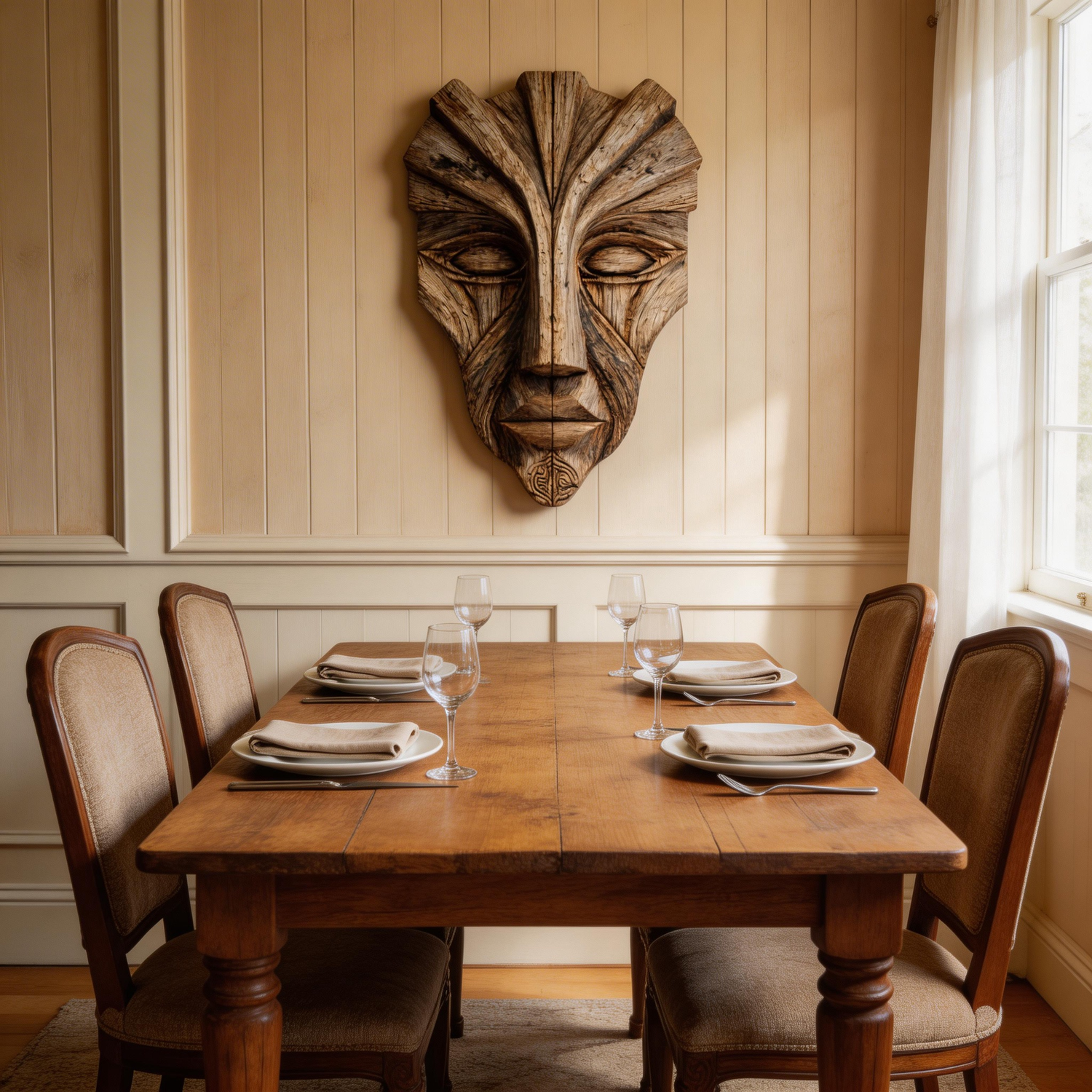Radiant Symmetrical Tribal Wood Mask  Wood Sculpture