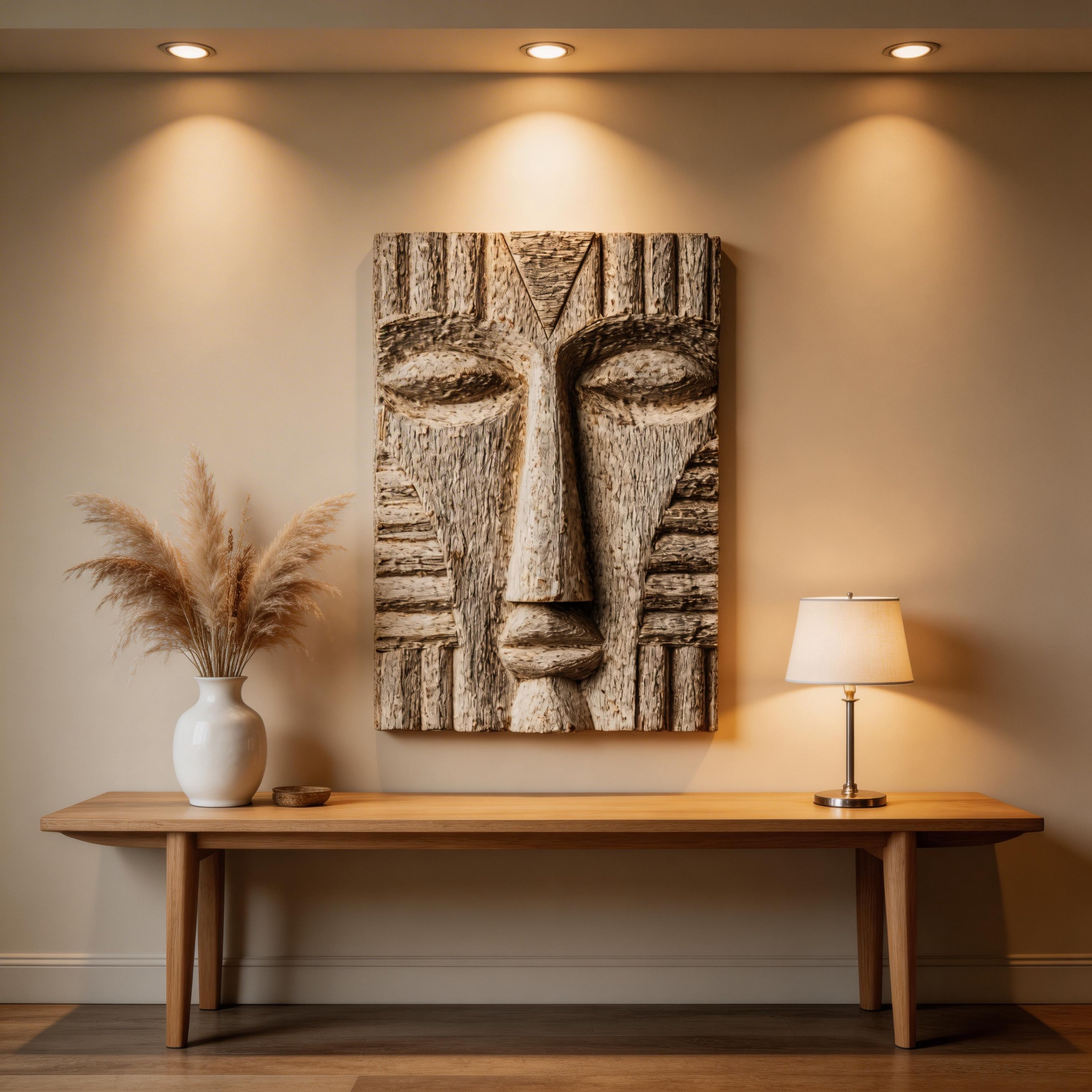 Tribal Geometric Relief Wall Mask  Wood Sculpture