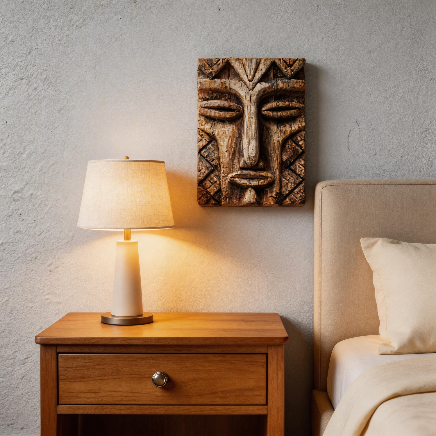 Ancestral Geometric Tribal Relief Mask  Wood Sculpture