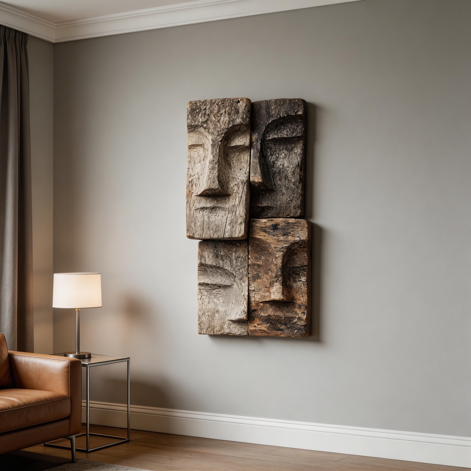 Quartet Weathered Wooden Faces Wall Sculpture  Wood Sculpture