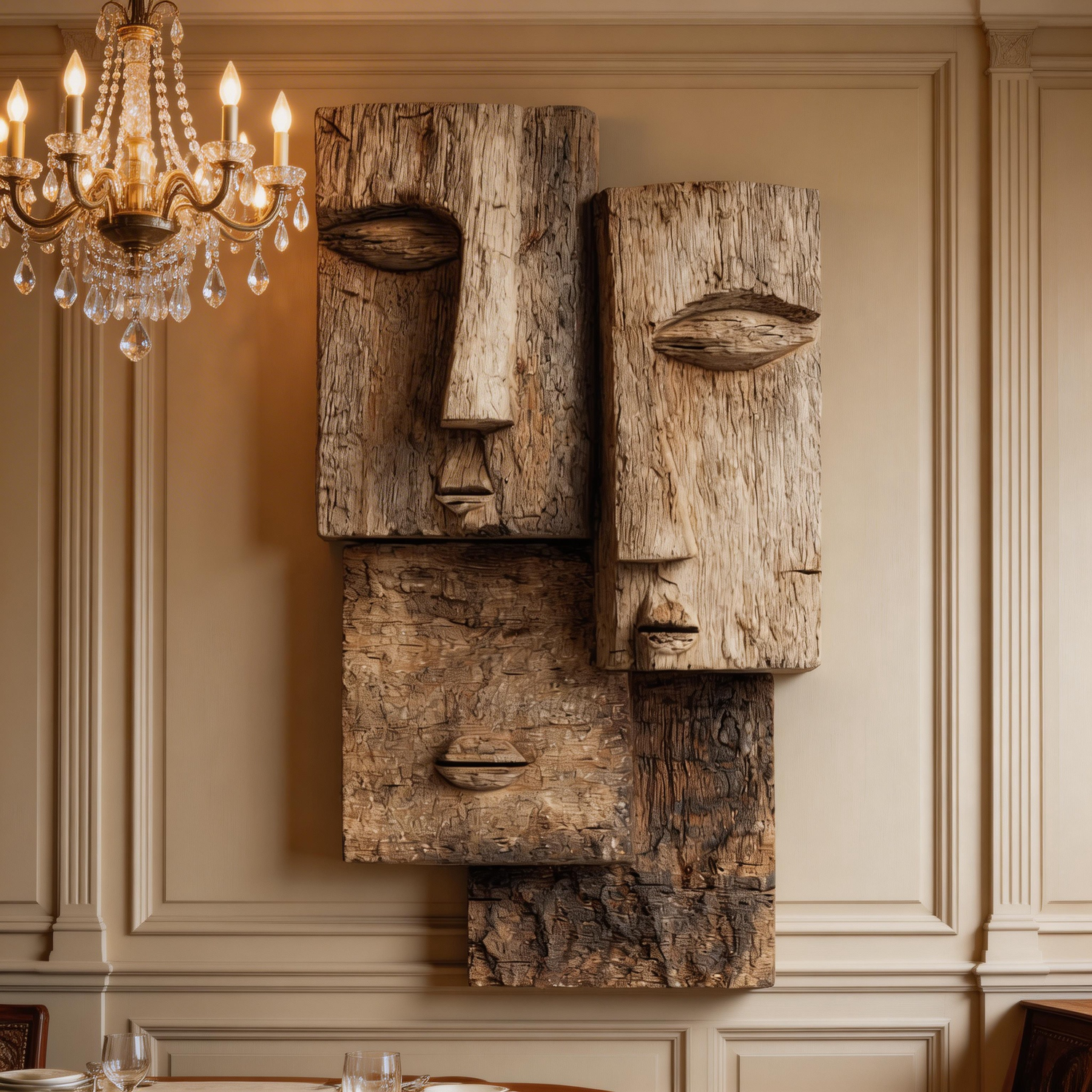 Fragmented Trio Weathered Wooden Wall Sculpture  Wood Sculpture