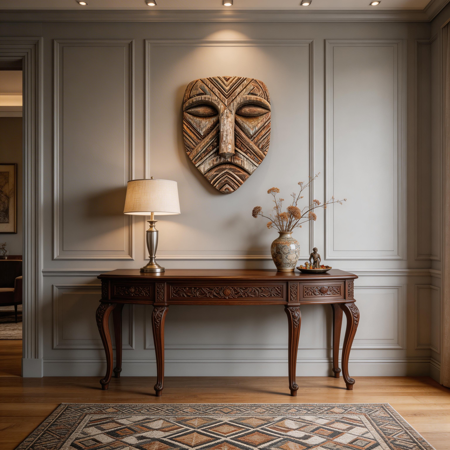 Tribal Geometric Wooden Mask Wall Sculpture  Wood Sculpture