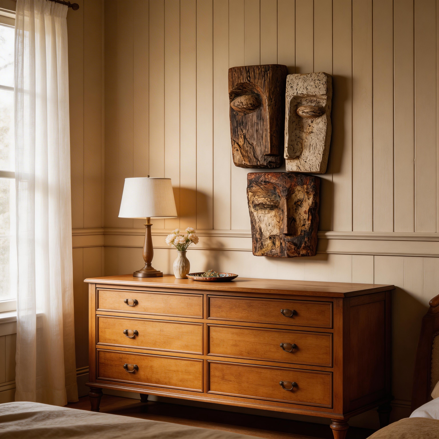 Triptych Weathered Wooden Faces Wall Sculpture  Wood Sculpture