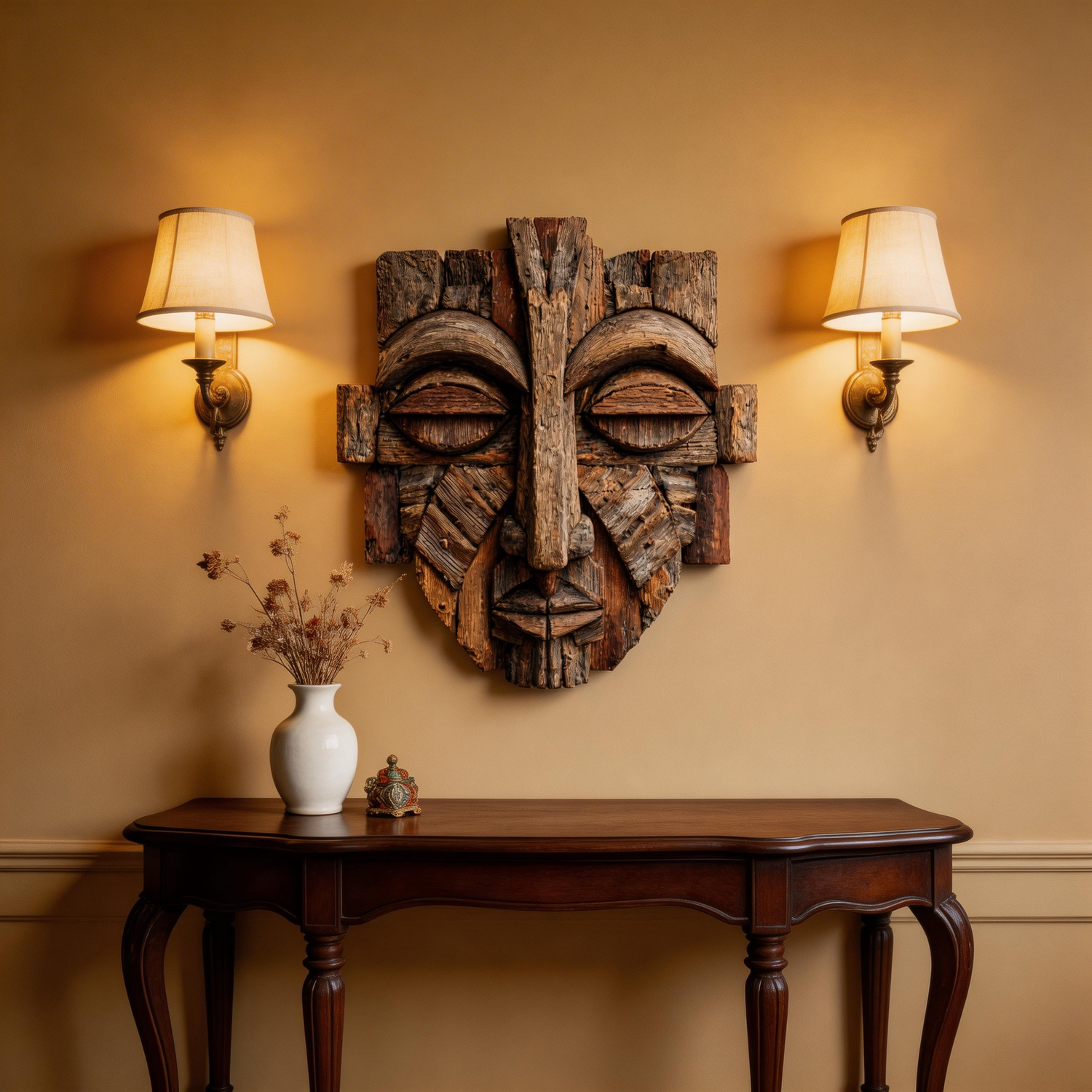 Fragmented Tribal Deity Wooden Mask Wall Sculpture  Wood Sculpture