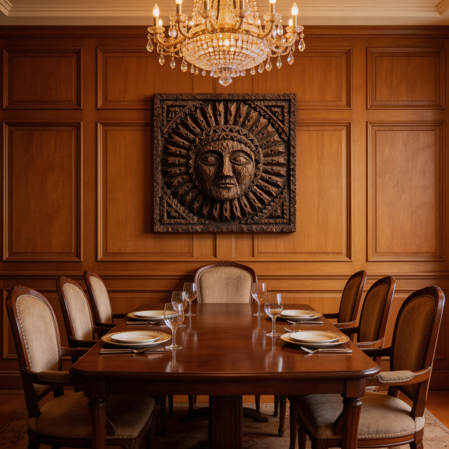 Hand-Carved Sun Face Wooden Relief Wall Sculpture  Wood Sculpture
