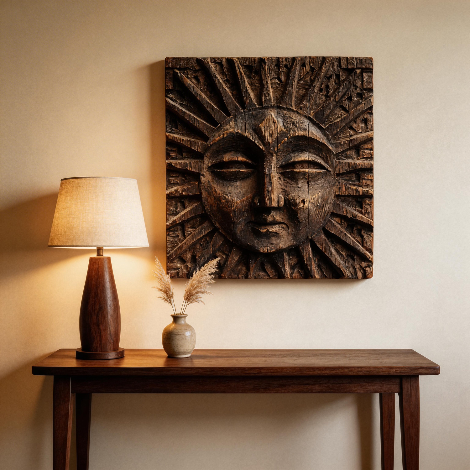 Hand-Carved Rustic Sun Face Wooden Relief Wall Sculpture  Wood Sculpture