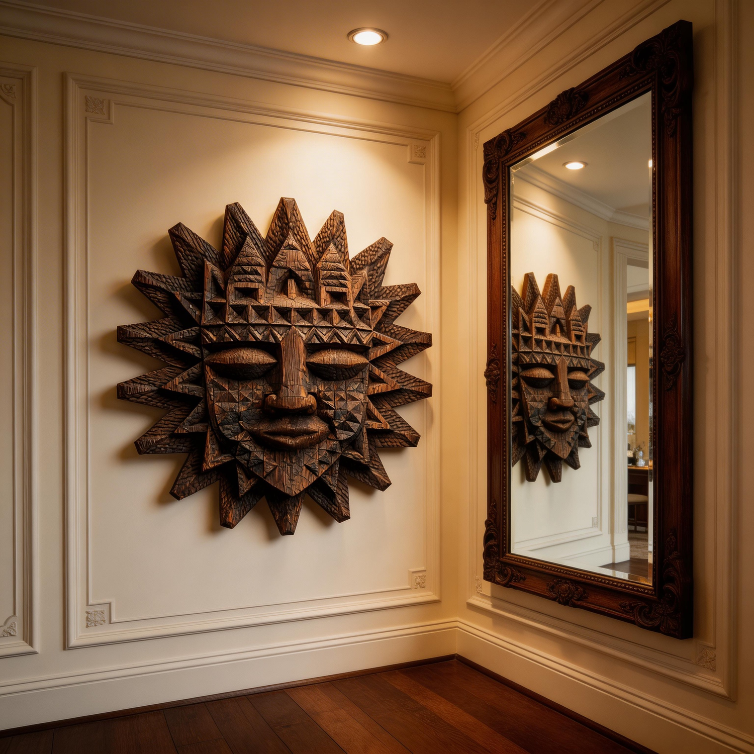 Ancient Tribal Sun God Carved Wooden Mask Wall Sculpture  Wood Sculpture