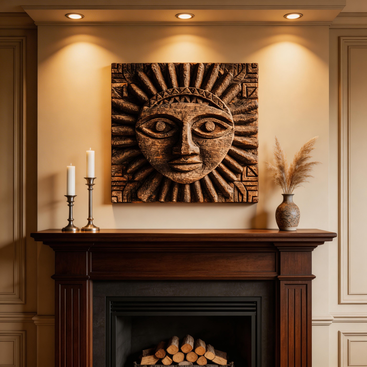 Hand-Carved Primitive Sun Face Wooden Relief Wall Sculpture  Wood Sculpture