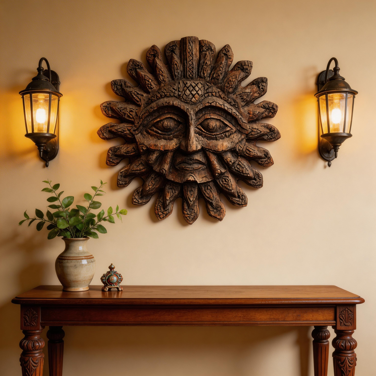 Ancient Tribal Sun God Carved Wooden Mask Wall Sculpture  Wood Sculpture