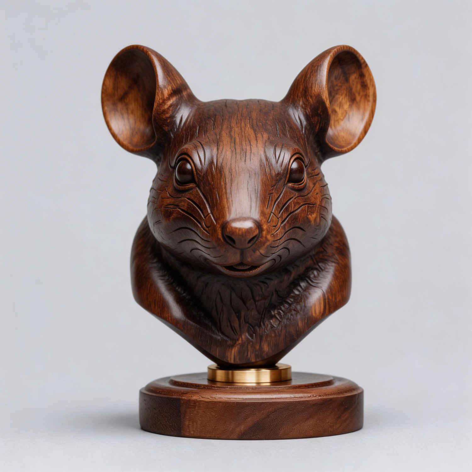 Hand-Carved Realistic Rat Head Bust Wooden Sculpture