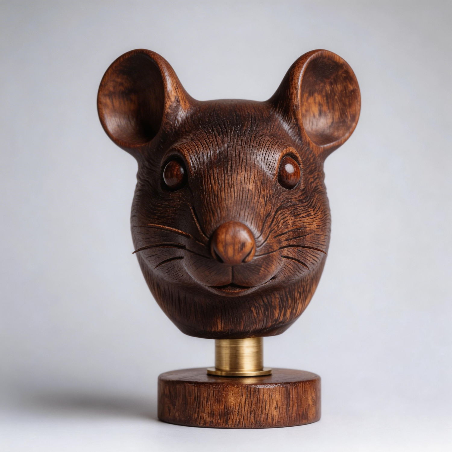 Hand-Carved Realistic Mouse Head Bust Wooden Sculpture
