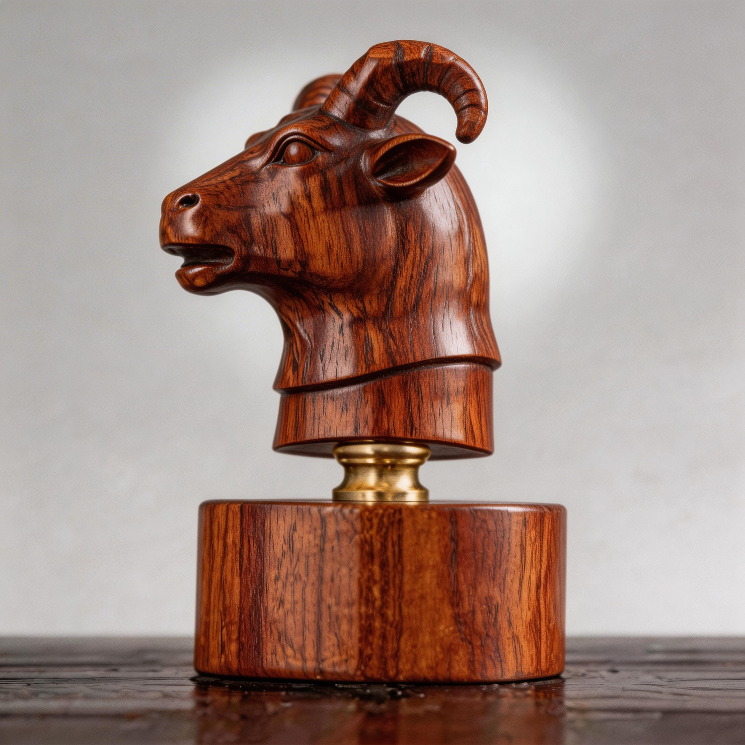 Hand-Carved Goat Head Bust Wooden Sculpture with Brass Base