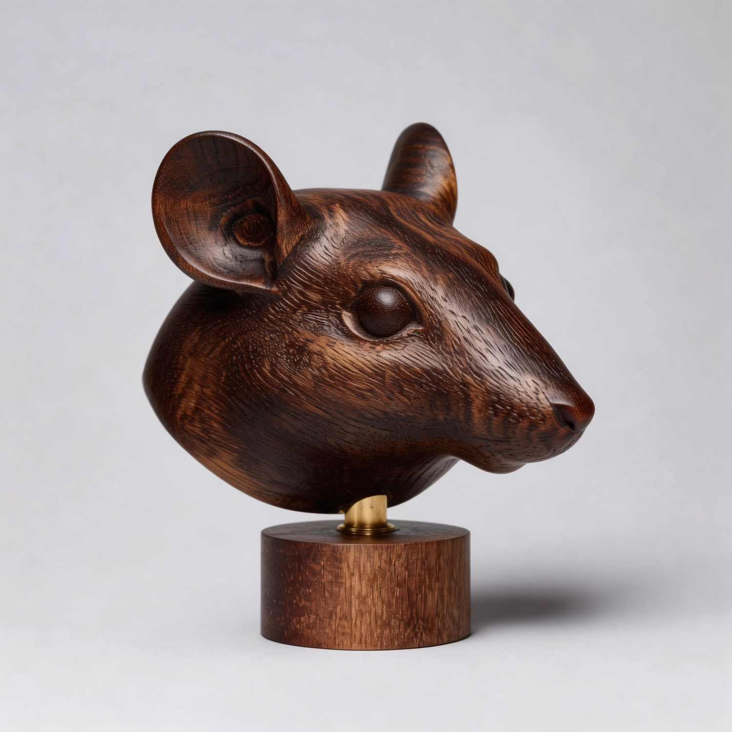Hand-Carved Realistic Mouse Head Bust Wooden Sculpture