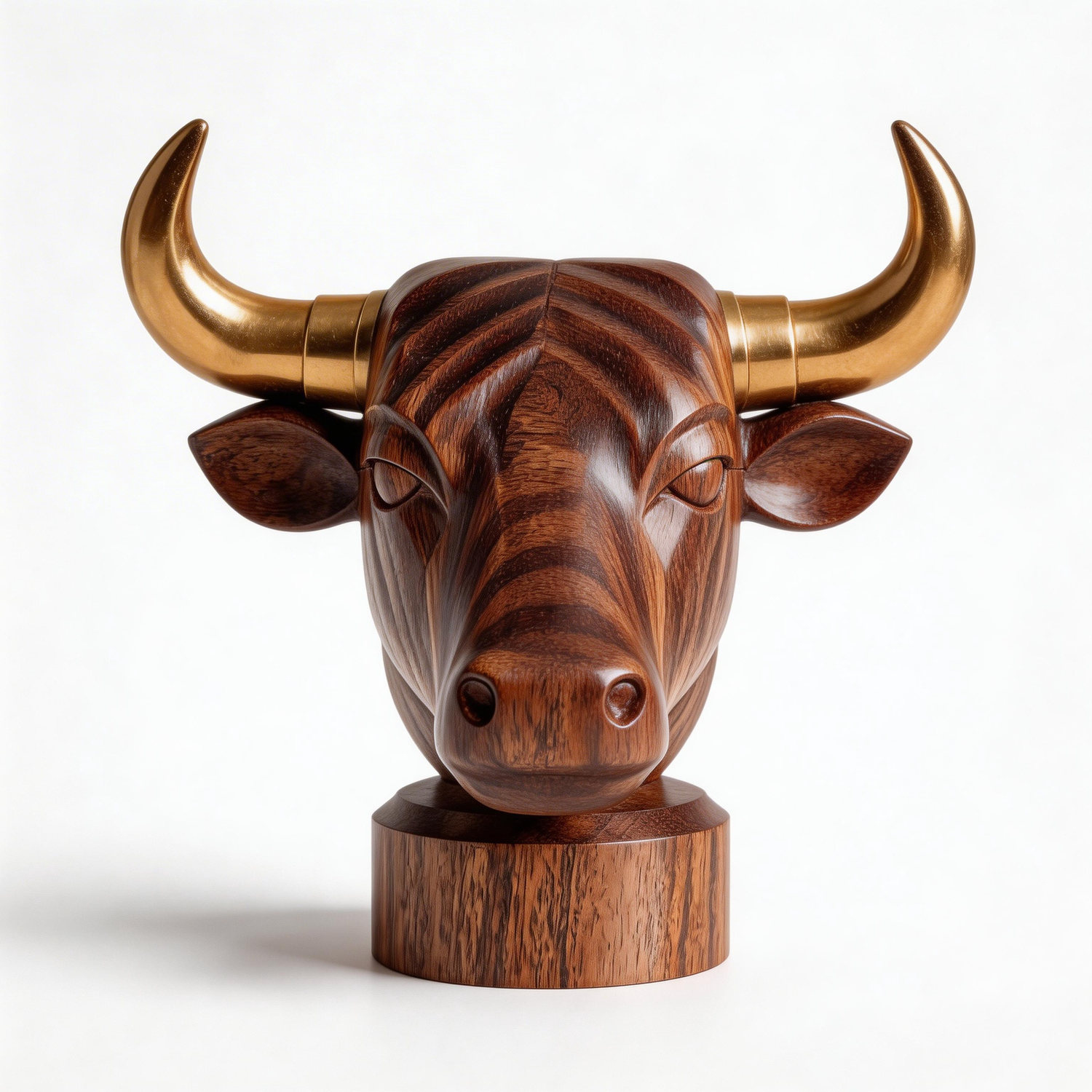 Hand-Carved Ox Head Bust Wooden Sculpture with Brass Horns & Base