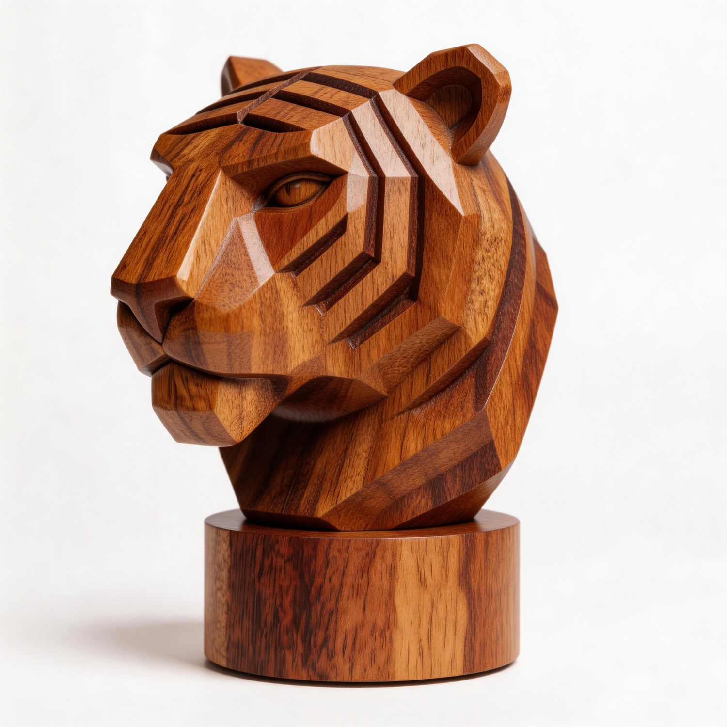 Hand-Carved Geometric Tiger Head Sculpture