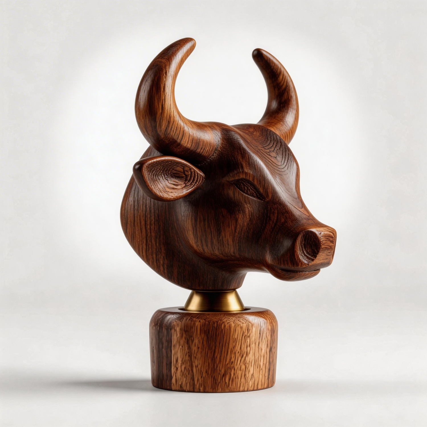 Hand-Carved Modernist Wooden Bull Head Sculpture