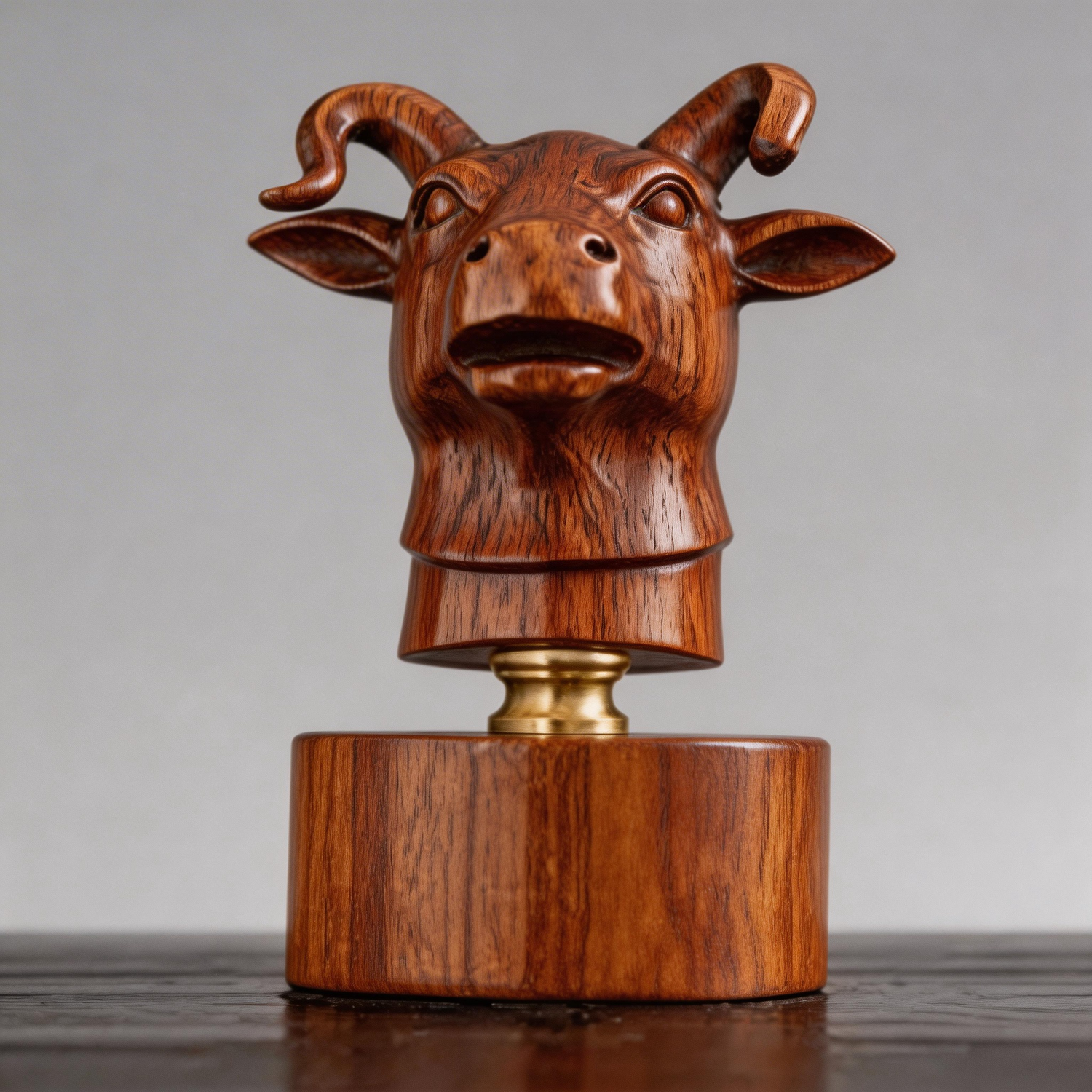 Hand-Carved Goat Head Bust Wooden Sculpture with Brass Base