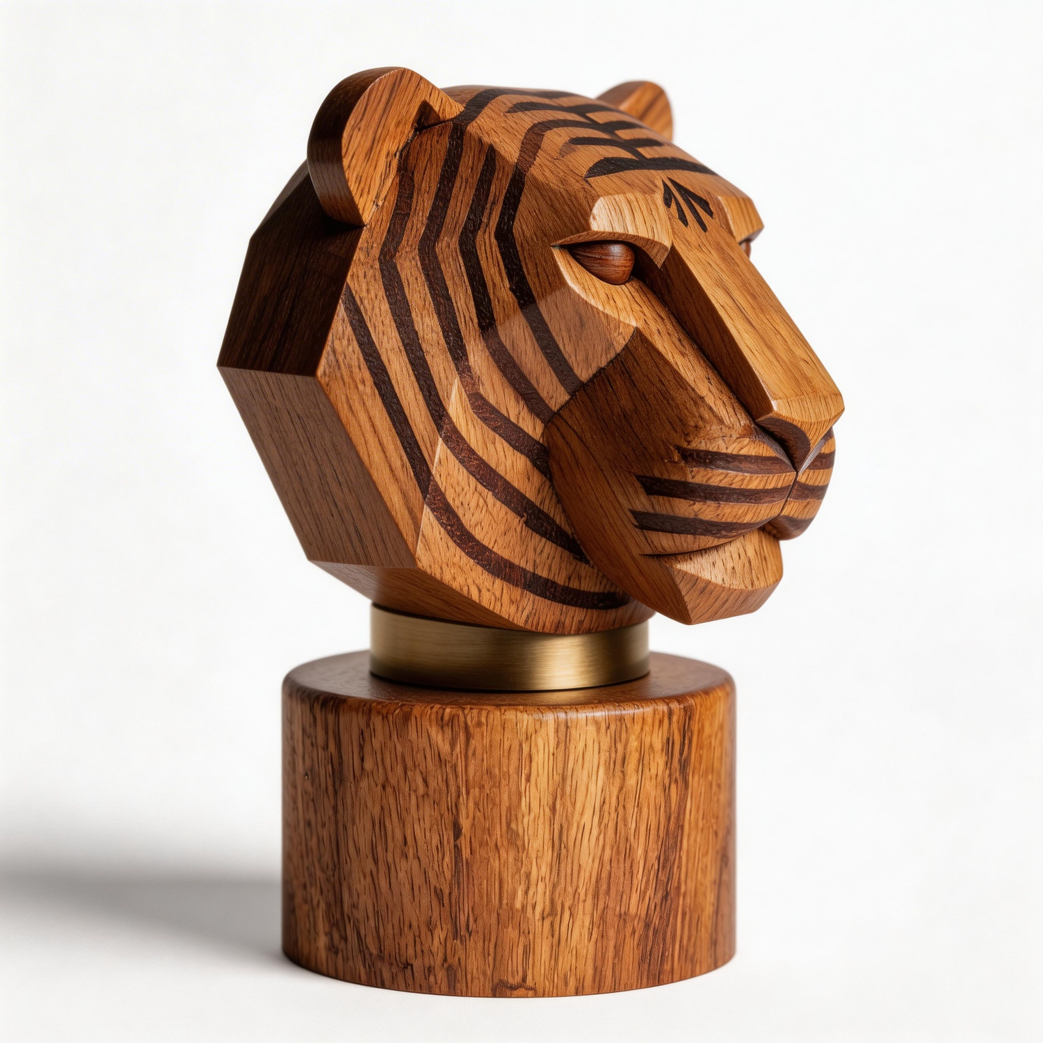 Hand-Carved Cubist Tiger Head Sculpture