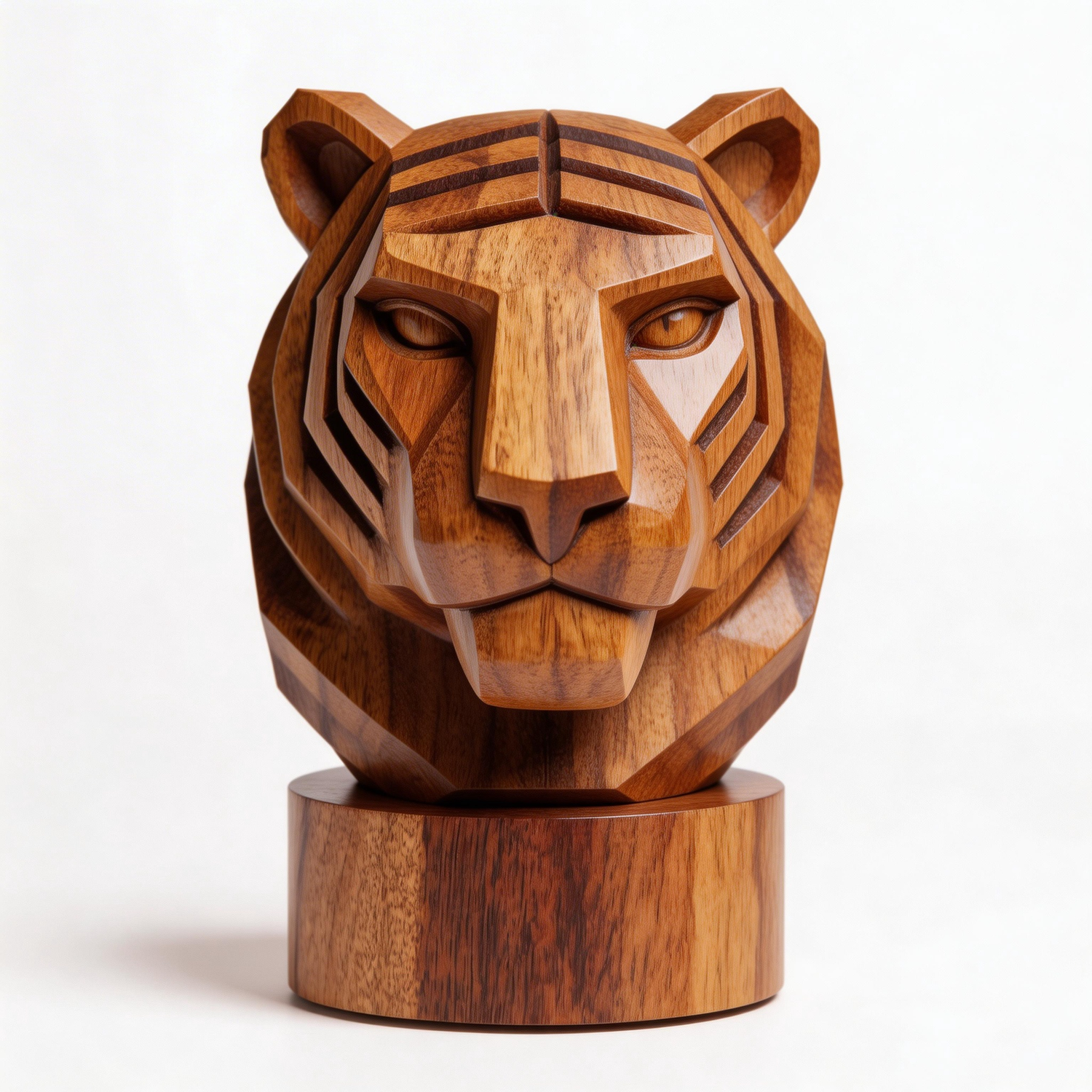 Hand-Carved Geometric Tiger Head Sculpture