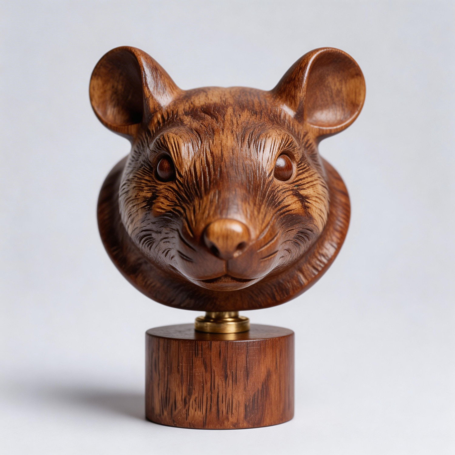 Hand-Carved Realistic Rat Head Bust Wooden Sculpture with Brass Base