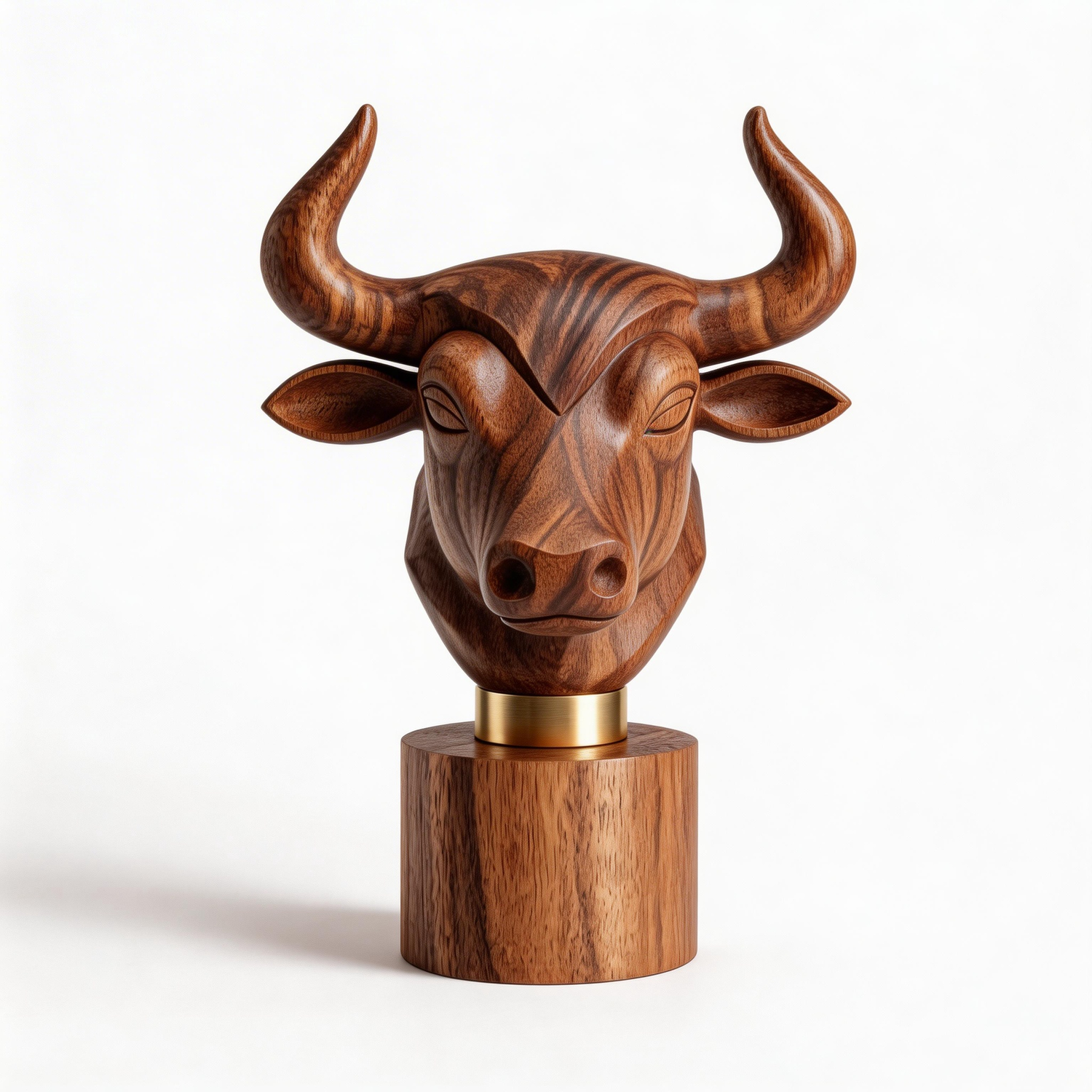 Hand-Carved Polished Wooden Ox Head Bust