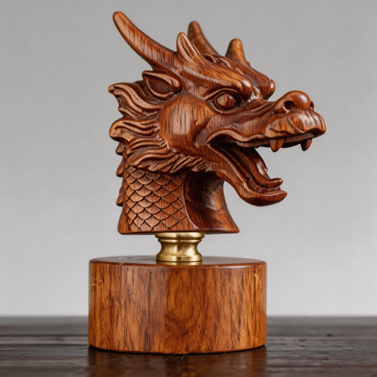Hand-Carved Wooden Dragon Head Bust