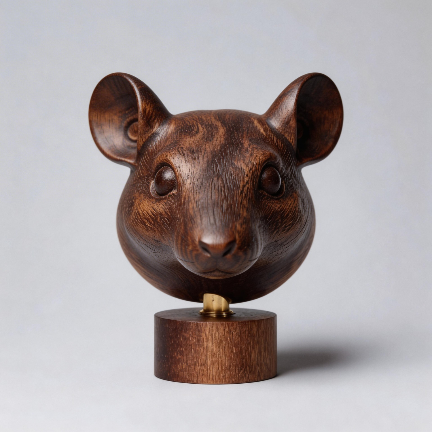 Hand-Carved Realistic Mouse Head Bust Wooden Sculpture with Brass Base