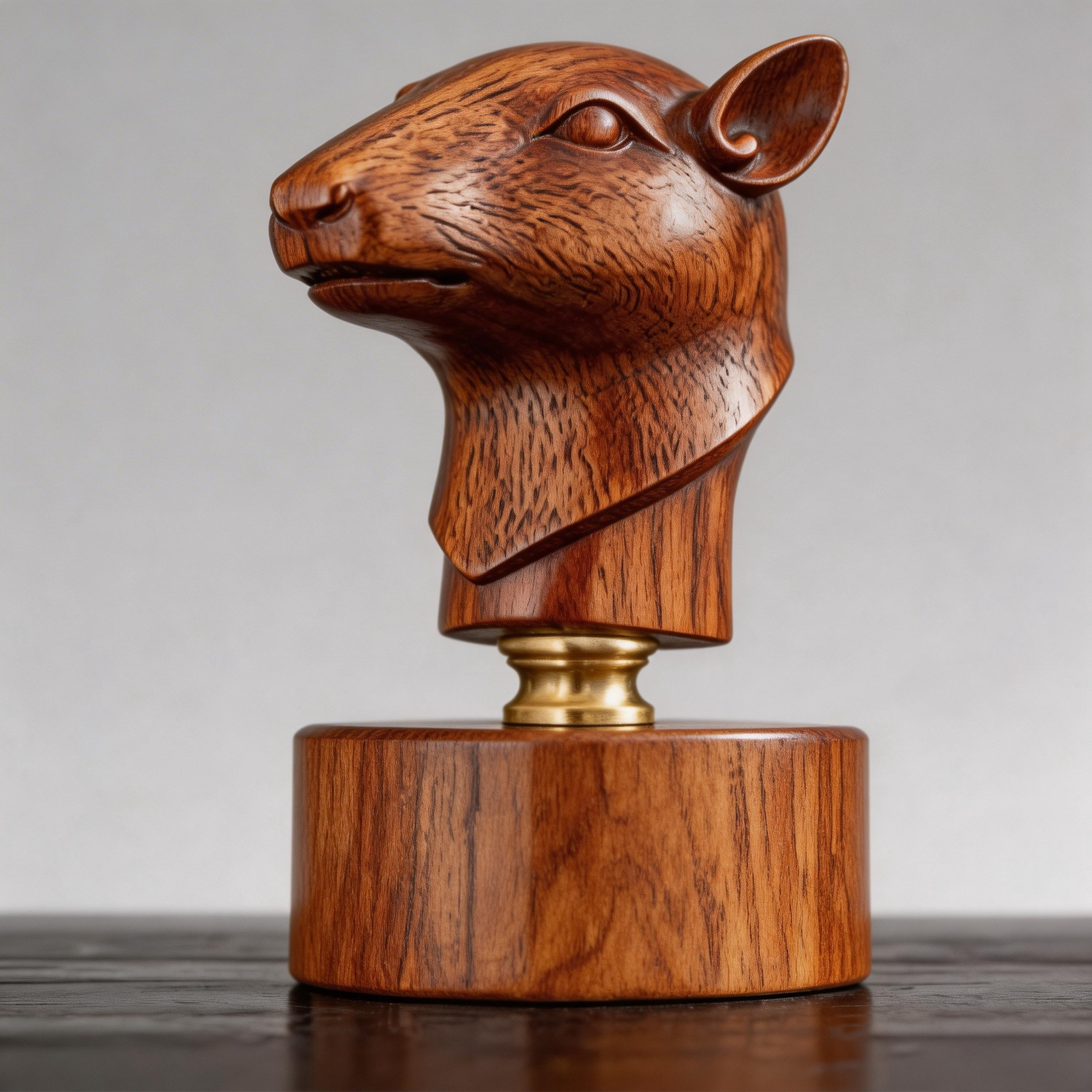 Hand-Carved Rat Head Bust Wooden Sculpture