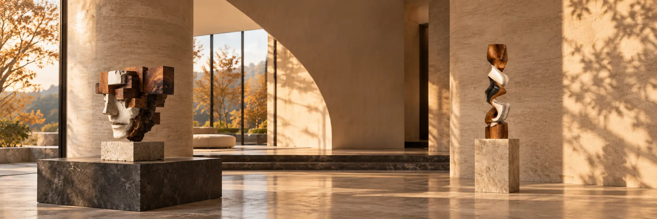 Two monumental timber sculptures displayed in a warm contemporary interior